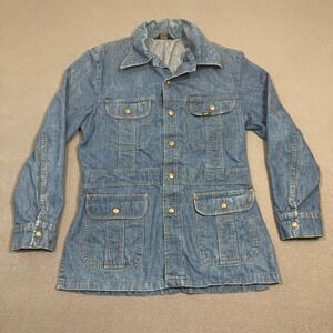 Vintage Lee Safari Chore Jacket Mens Large R Blue Denim‎ Made In USA Logo READ